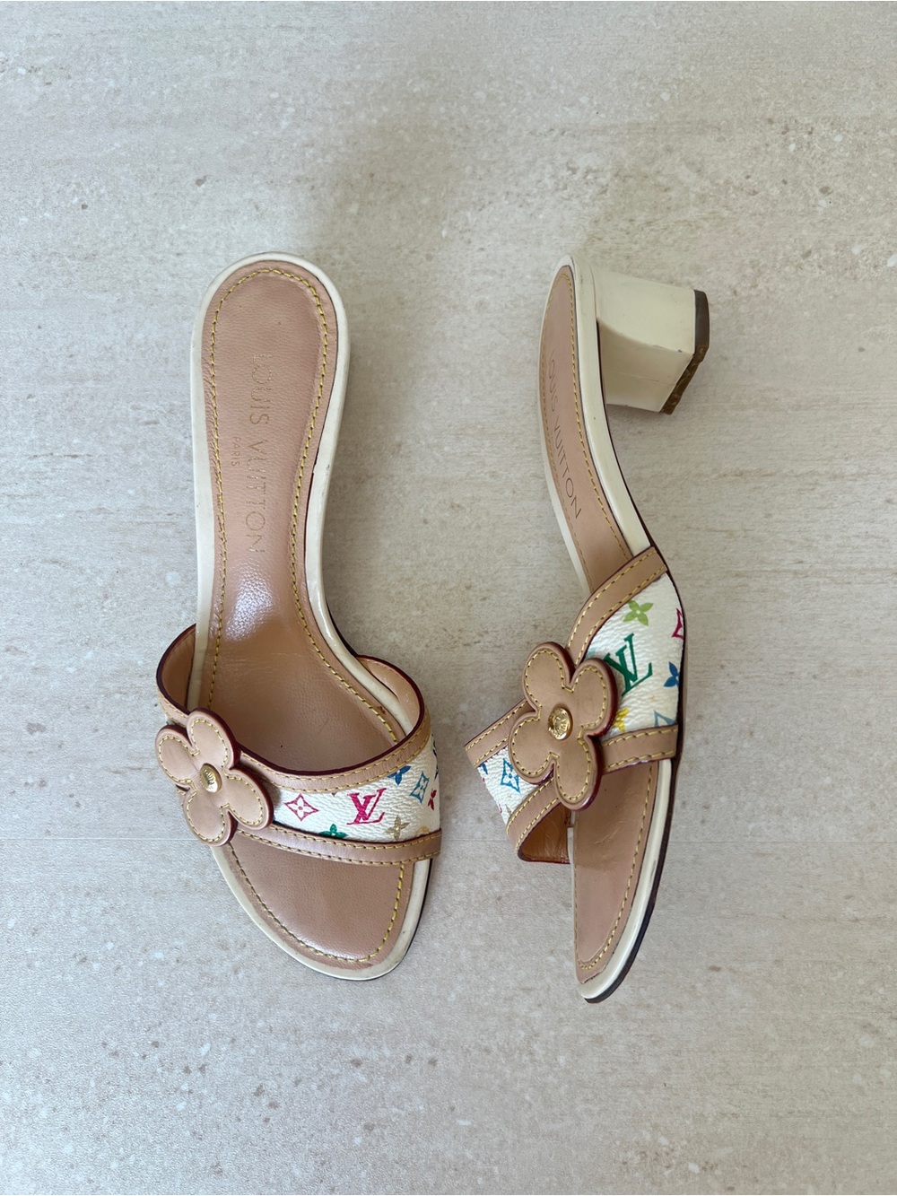 Louis Vuitton Beige Multicolor Monogram Flower Slide Mules - Picture 2 of 10